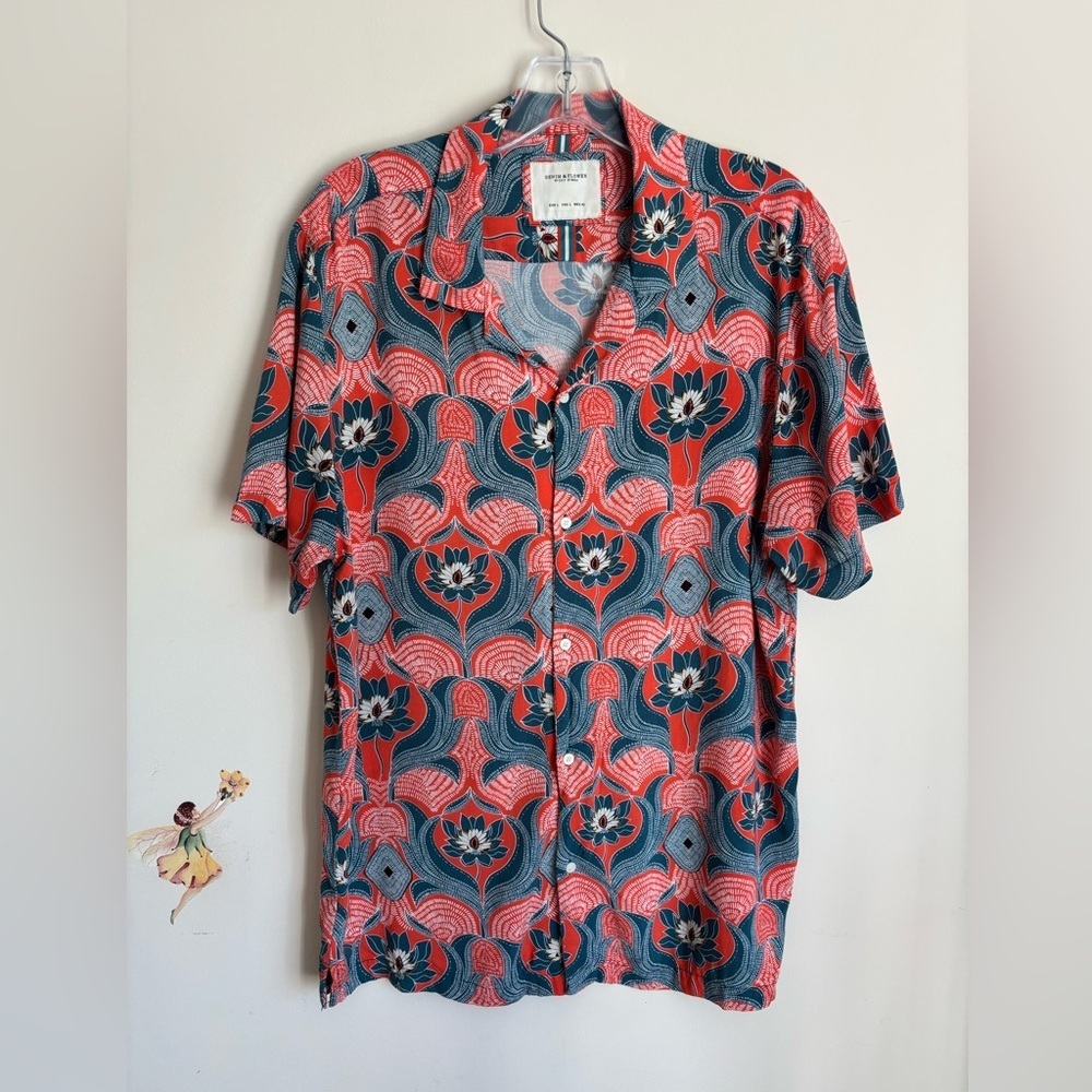 Cactus Man Ricky Singh Denim Flower Floral Pattern Shirt Size L Short Sleeve